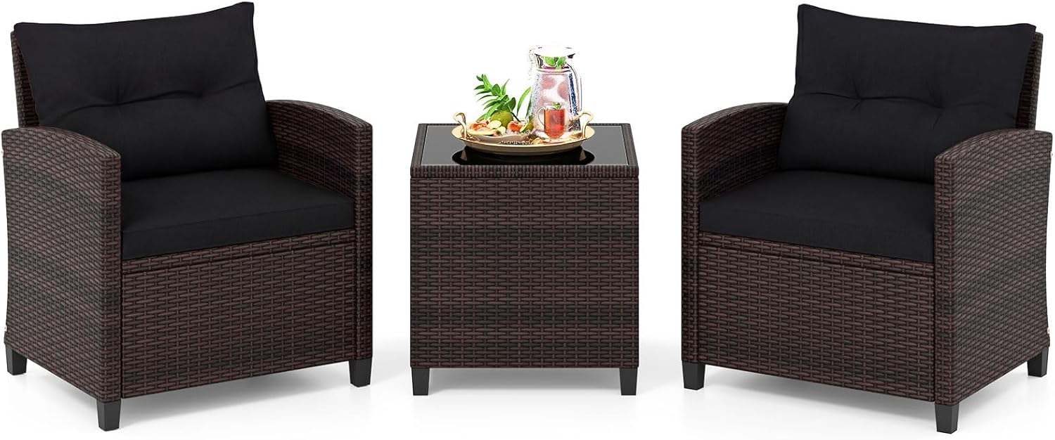 COSTWAY Conjunto Jardin Exterior de Ratán 3 Piezas, 1 Mesa Auxiliar de Vidrio Templado y 2 Sillas con Cojines, Muebles Jardin Terraza Balcon Exterior(Negro)