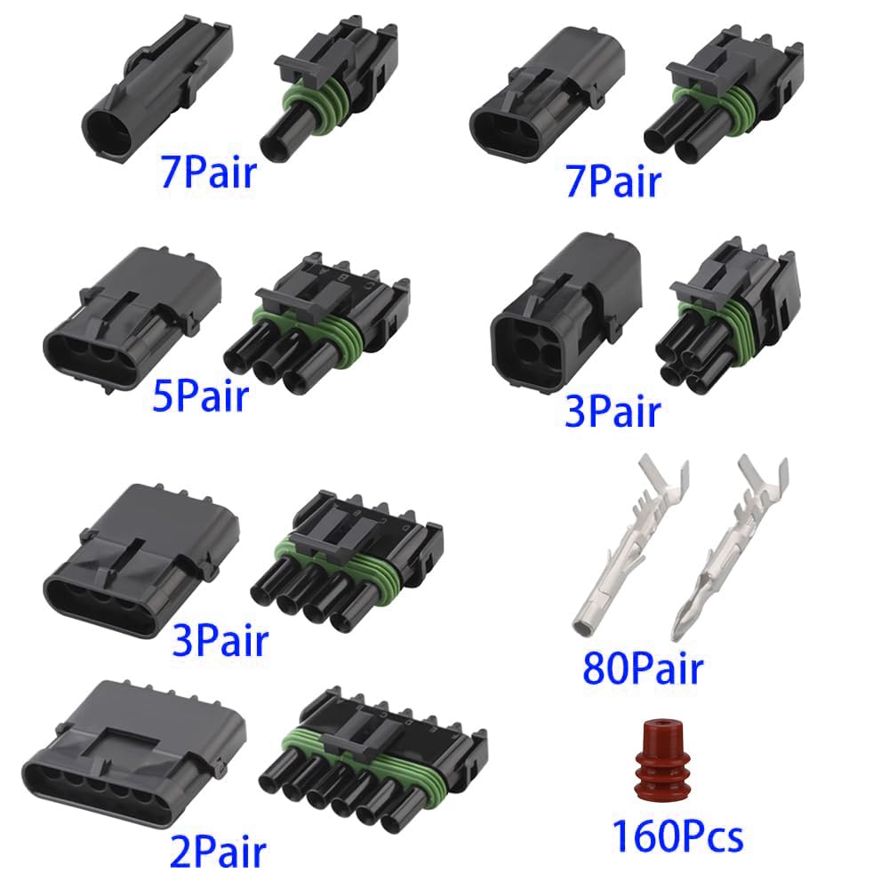 WeatherPack Steckverbinder-Set (28-teilig) – Wasserdichte, abgedichtete Kfz-Steckverbinder, 1/2/3/4/6-polig (Stecker & Buchse), Kabelbaum (22–14 AWG), Zündkerzenstecker-Set