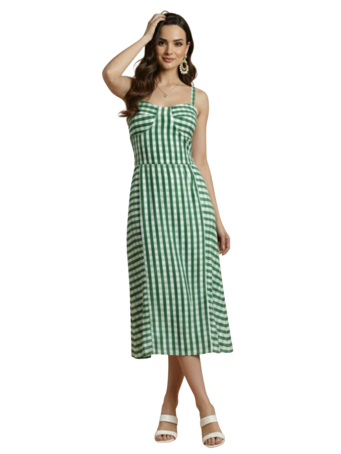 aahwan Fit and Flare Red Gingham Check Shoulder Ties Slim Fit Midi Cami Dress for Women's & Girl's-picture-30