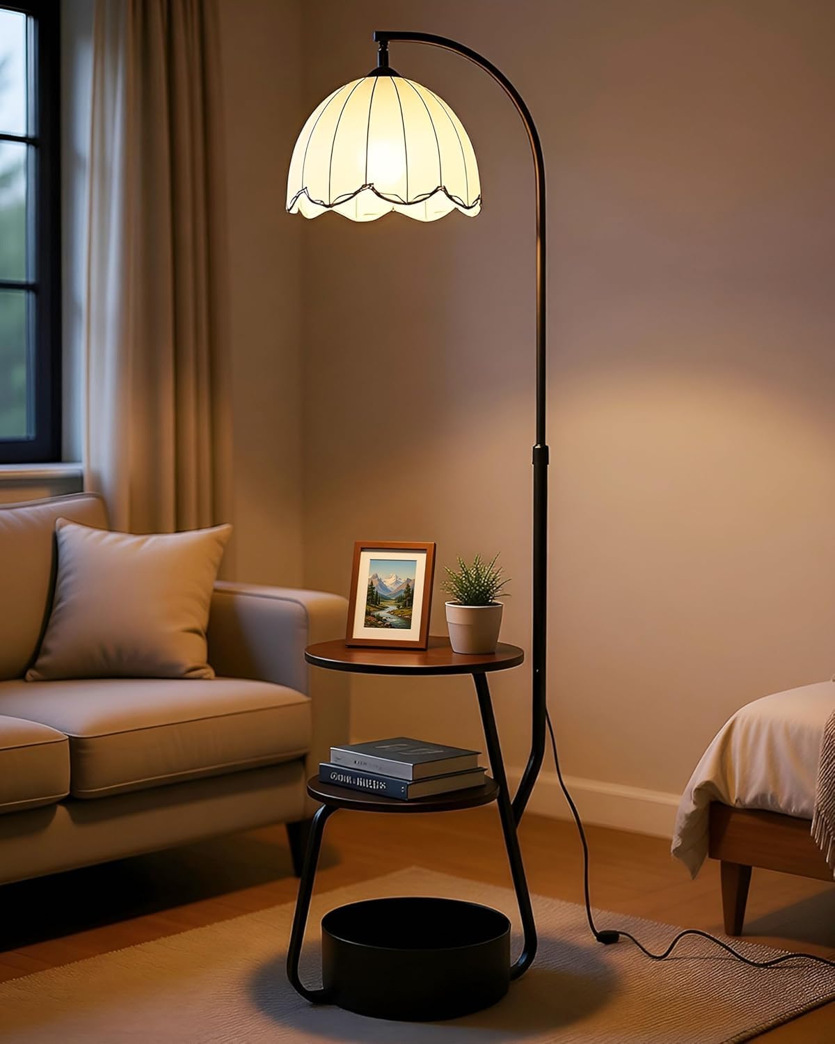 3 Shelf Floor Lamp for Living Room with Side Table & Storage Basket, 3 Color Dimmable LED Light, Adjustable Height 160-170 cm, Modern Arc Standing Lamp for Bedroom & Reading Corner-image-42