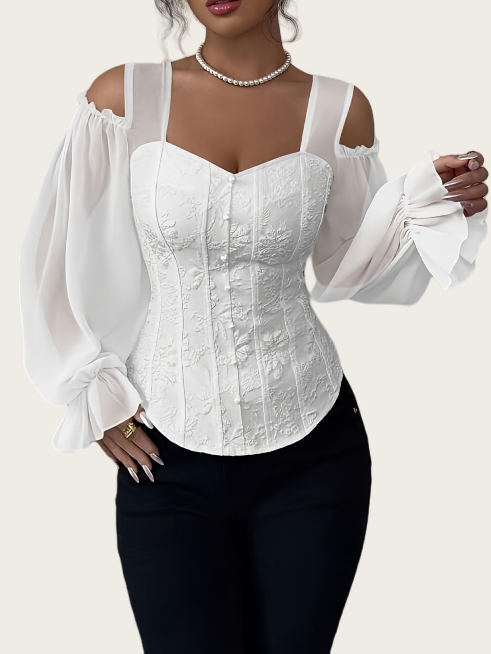 Hauts Tuniques Fluorescents À Imprimé Floral Pour Femmes Épaules Dénudées Col Carré Manches Longues En Maille Blouses Élégantes