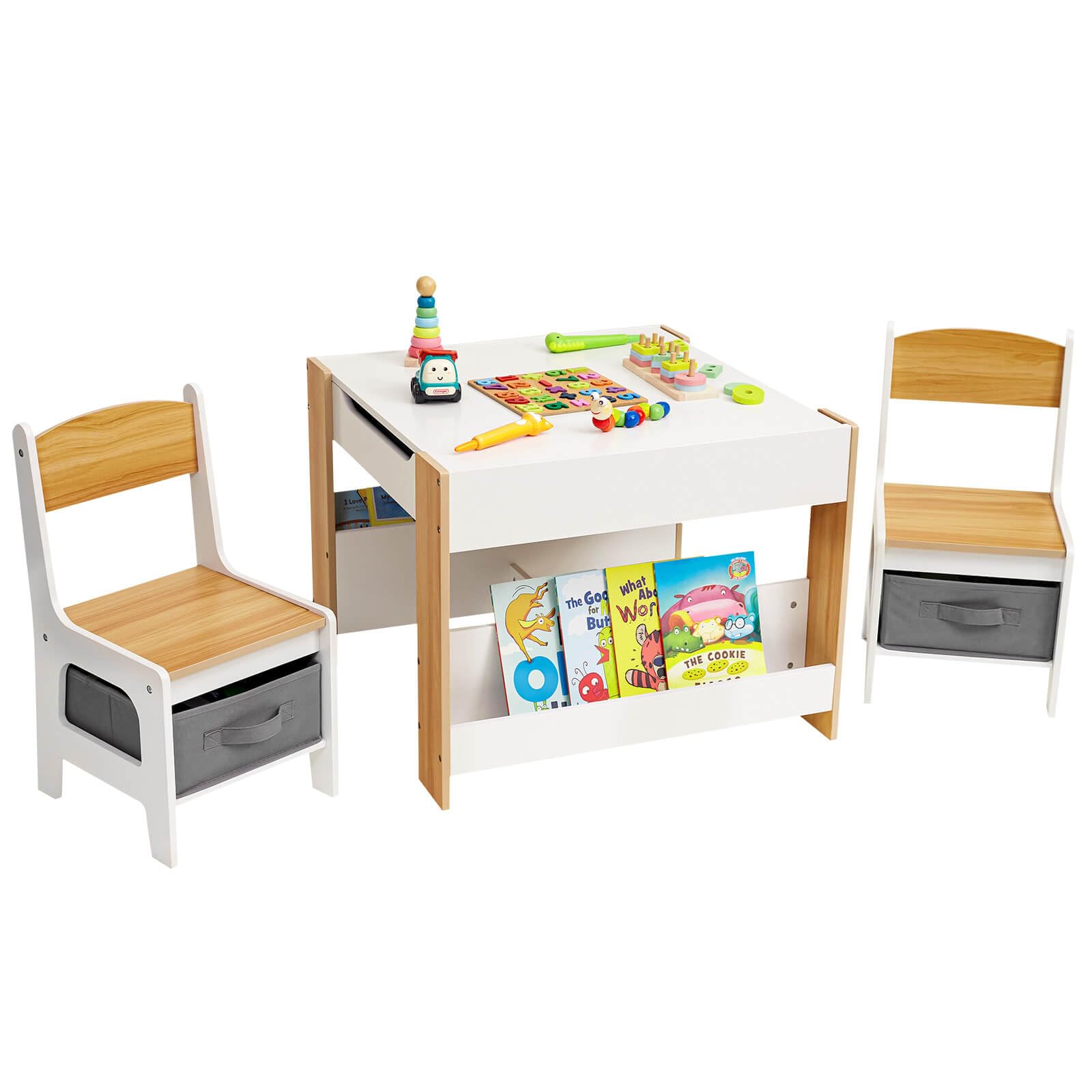 Yorbay Kindertisch mit 2 Stühle, Kindermöbel Set aus Holz mit Stauraum und Bücherregalen, 3 in 1 Maltisch & Aktivitätstisch & Tafeltisch, Kinderzimmer, Spielzimmer, Vorschüler (Natur)