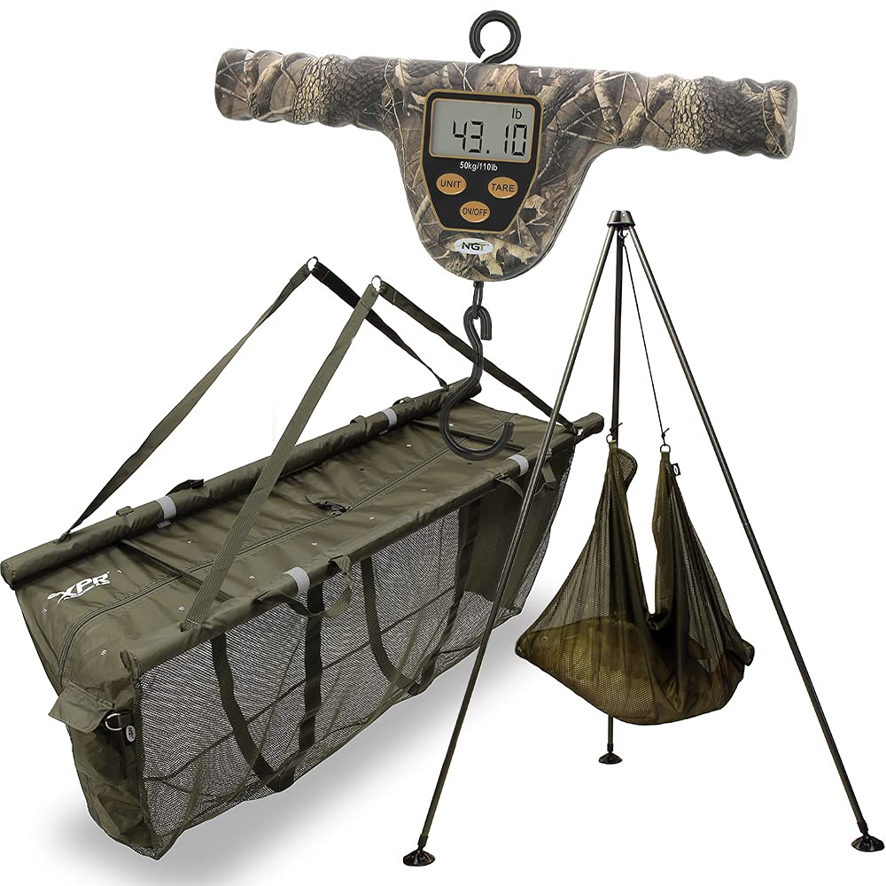 Carp Fishing Weighing Tripod + XPR Camo Digital Scales Tare Function 110lb / 50kg & Flotation Sling