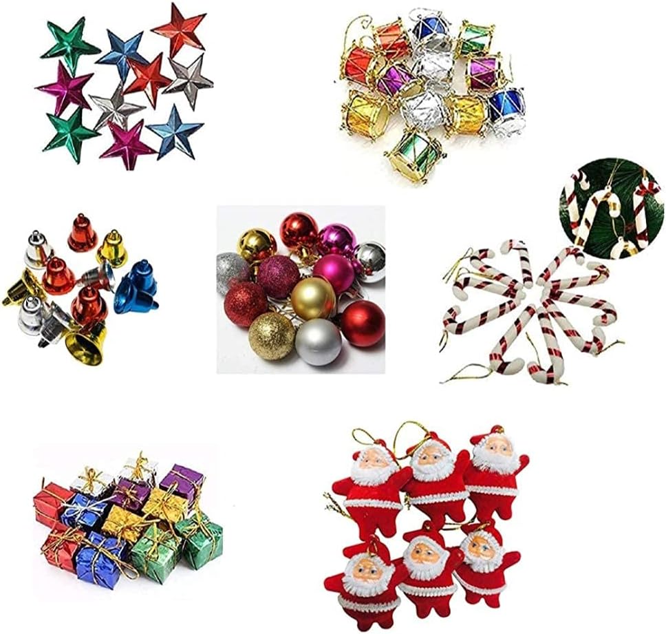 IMTION (Pack of 70 Pcs) Christmas Decoration Set Small/Mini Christmas Tree Decorations Set (Balls, Bells, Gifts, Drums, Stars, Candy Sticks & Santa Claus and Others)