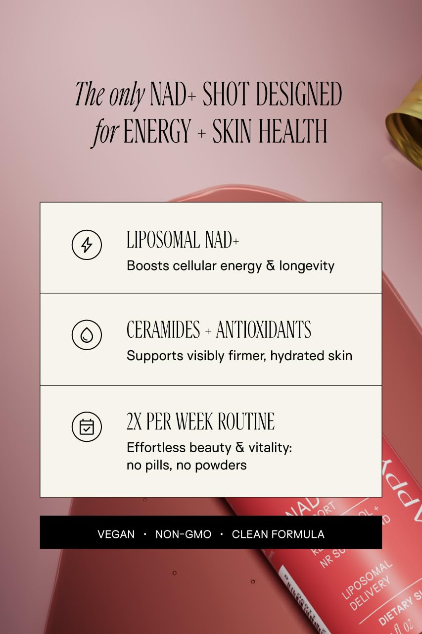 Happy Aging Liquid NAD+ Resveratrol Supplement, NMN Alternative, Liposomal Nicotinamide Riboside & Antioxidants for Energy Support, Brain Health, Firm Skin, Twice Weekly Use, 10 Shots