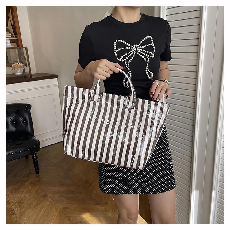 Image of Lushandy Striped PVC Tote Bag for Women, Large Plastic Tote Bag for Beach Pool Plaid Letters Print Hobo Handbag | Waterproof Material