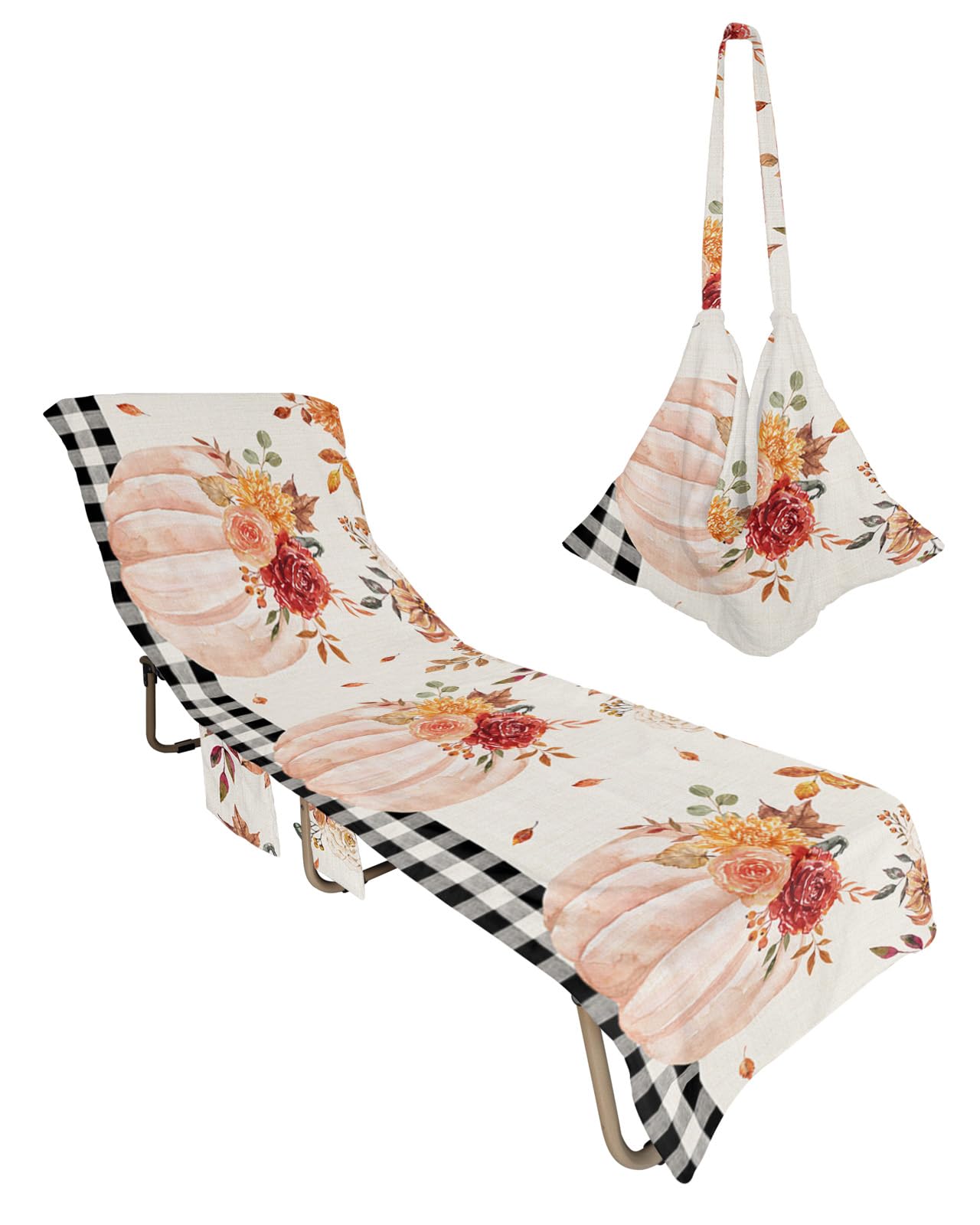 Flower Pumpkin, Beach Lounge Chair Towel Cover, Soft Chaise Lounge Towel with Side Pockets Patio Pool Chairs Cover for Beach/Pool Sunbathing 29x85 Thanksgiving Fall Leaves Buffalo Plaid Pink Black