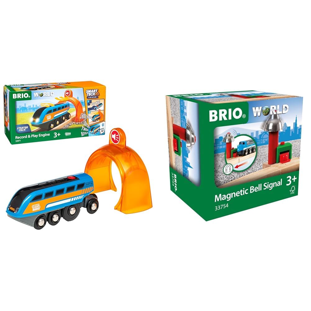 BRIO World 33971 Smart Tech Sound Lok mit Aufnahmefunktion Elektrischer Zug & World 33754 - Magnetisches Glockensignal – Eisenbahnzubehör Holzeisenbahn