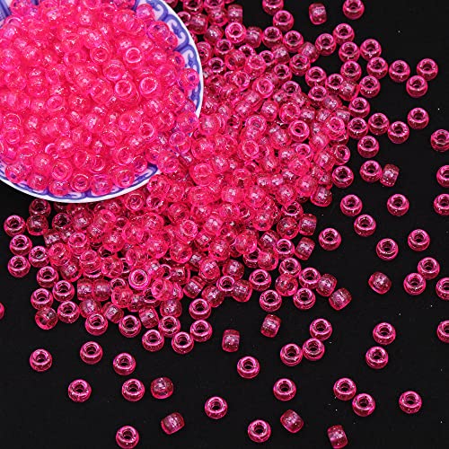 Image of 1000Pcs Pony Beads Bracelet 9mm Hot Pink Glitter Plastic Barrel Pony Beads for Necklace,Hair Beads for Braids,Key Chain,Jewelry Making (Hot Pink Glitter)