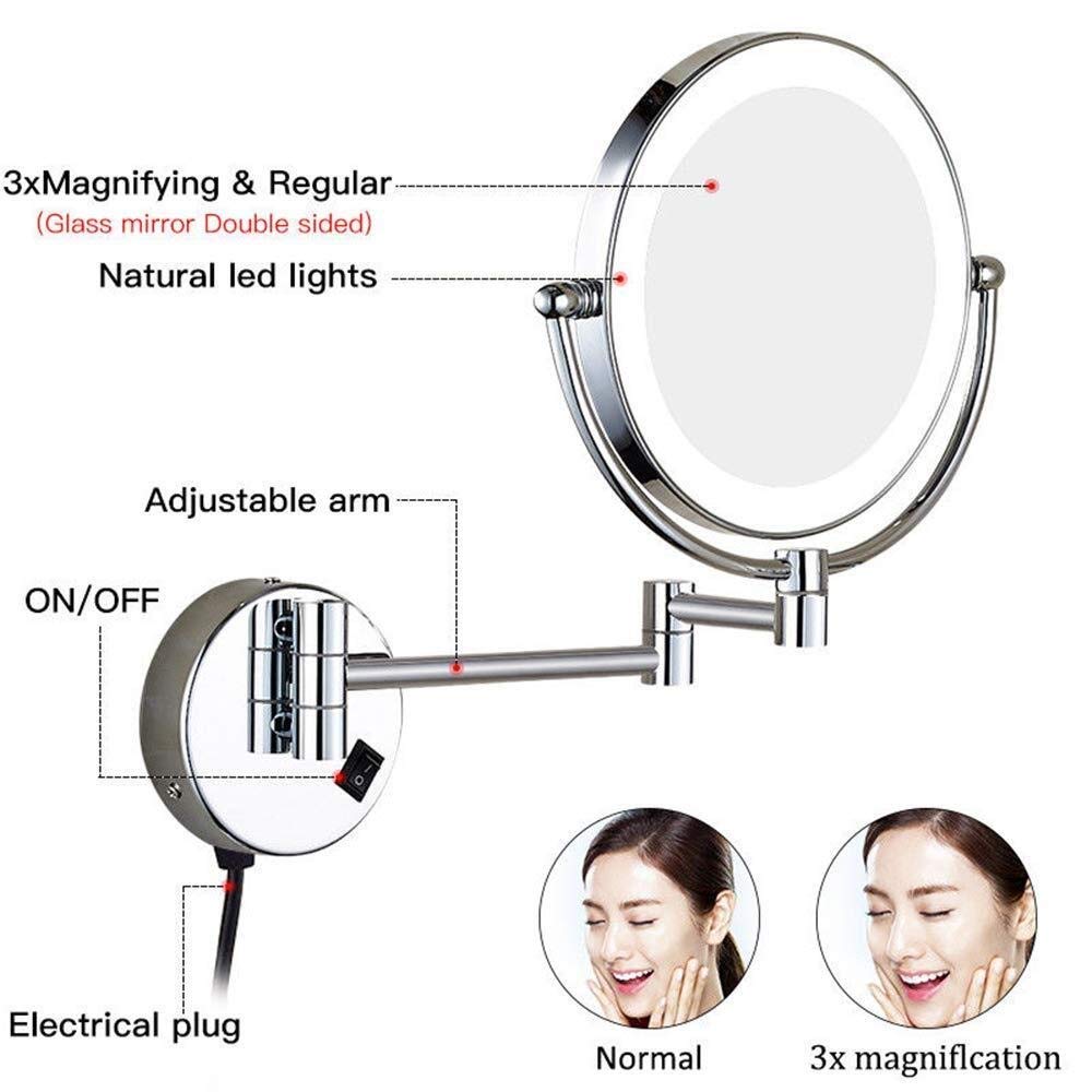 Espejo de Maquillaje LED Espejos montados en la Pared, Interruptor Extensible de Afeitado con Aumento Iluminado de latón de Doble Cara de 8 ", Enchufe Oculto (Color : 7X)