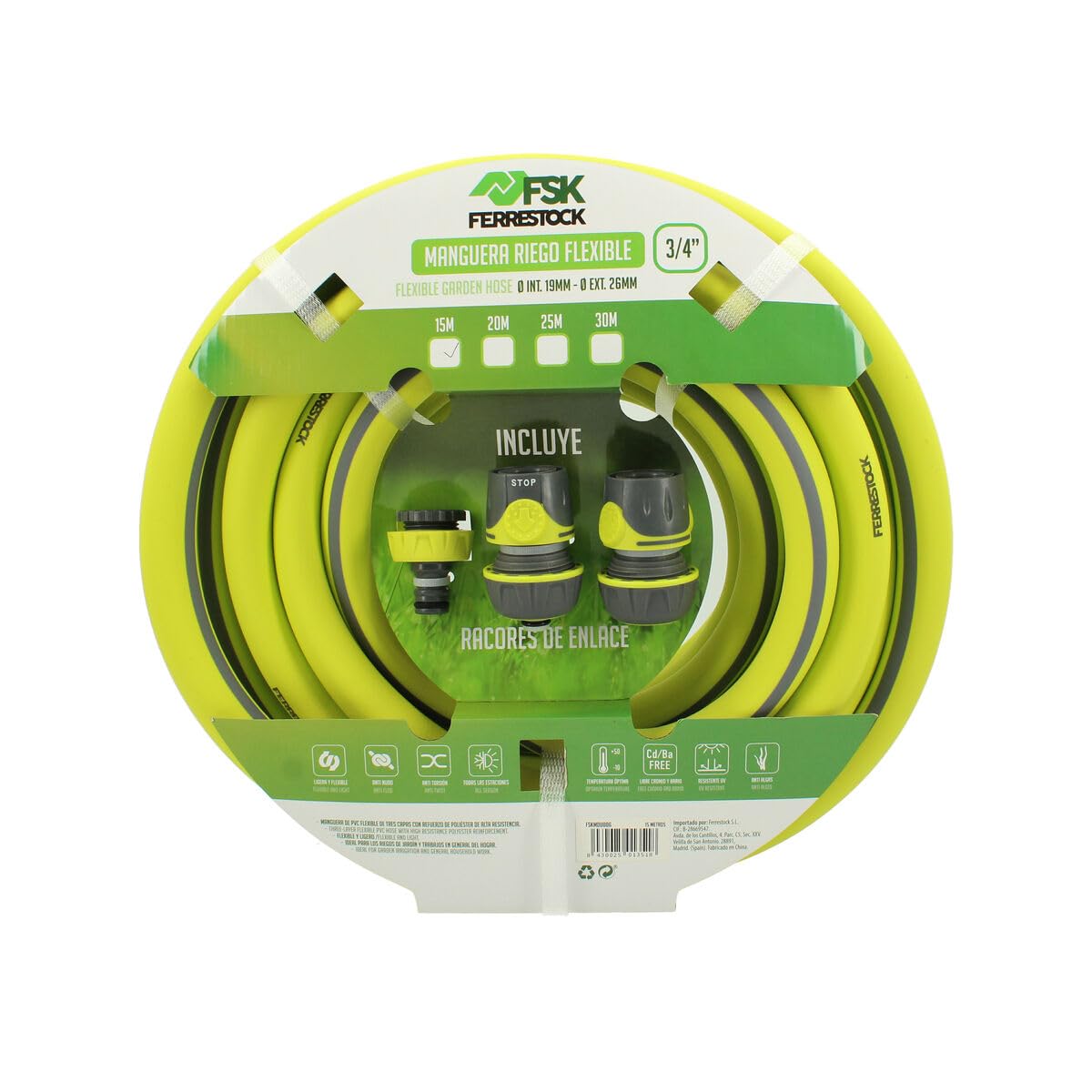 Ferrestock Manguera de Jardín de 15 Metros, 3/4" de grosor (19mm), Antitorsión, PVC Flexible con Refuerzo de Poliéster, 3 Capas, Resistente a los Rayos UVA, Antialgas, Incluye Accesorios