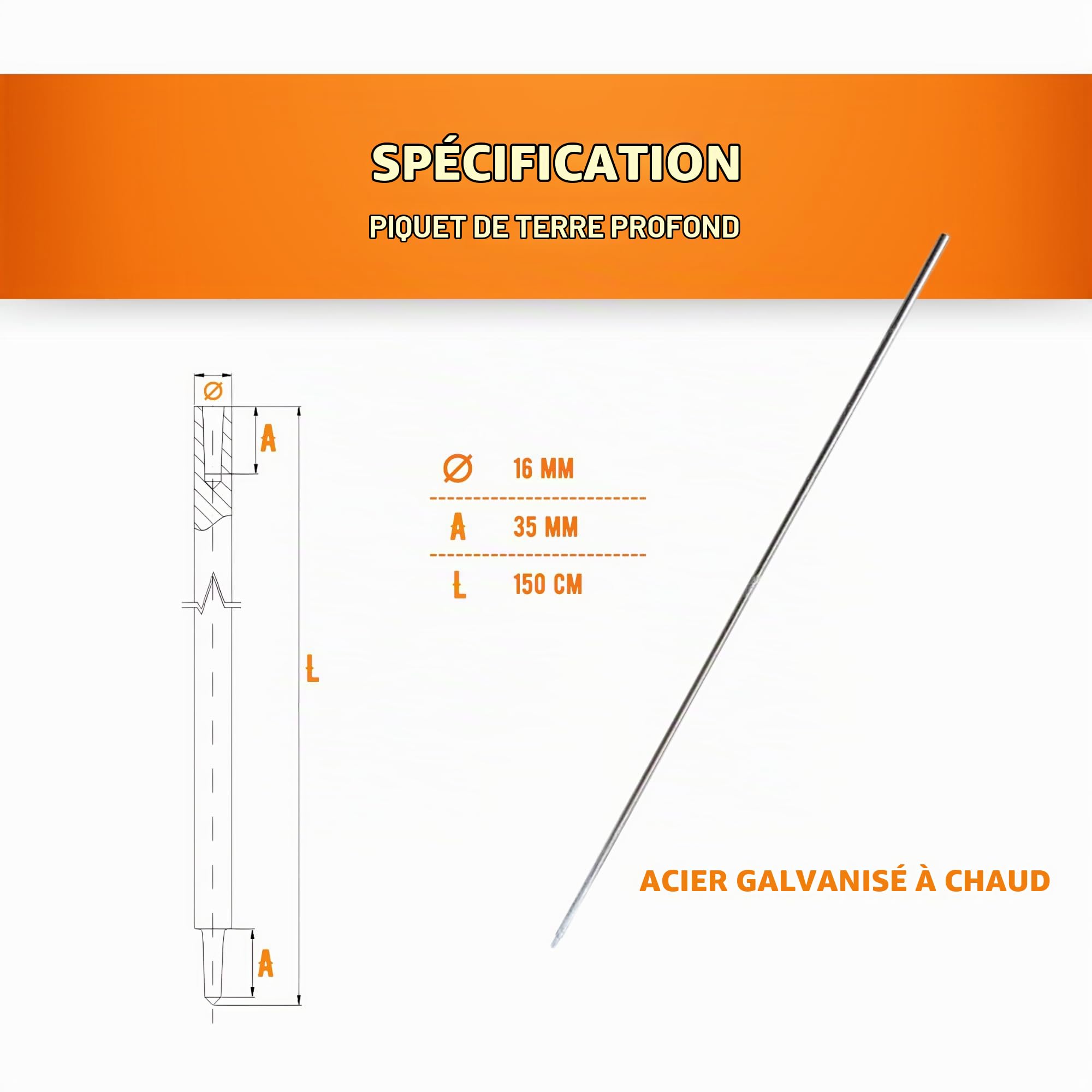 HausHeld piquet de terre acier galvanisé Ø 16 mm, 1,5 m, pour protection foudre et installation PV