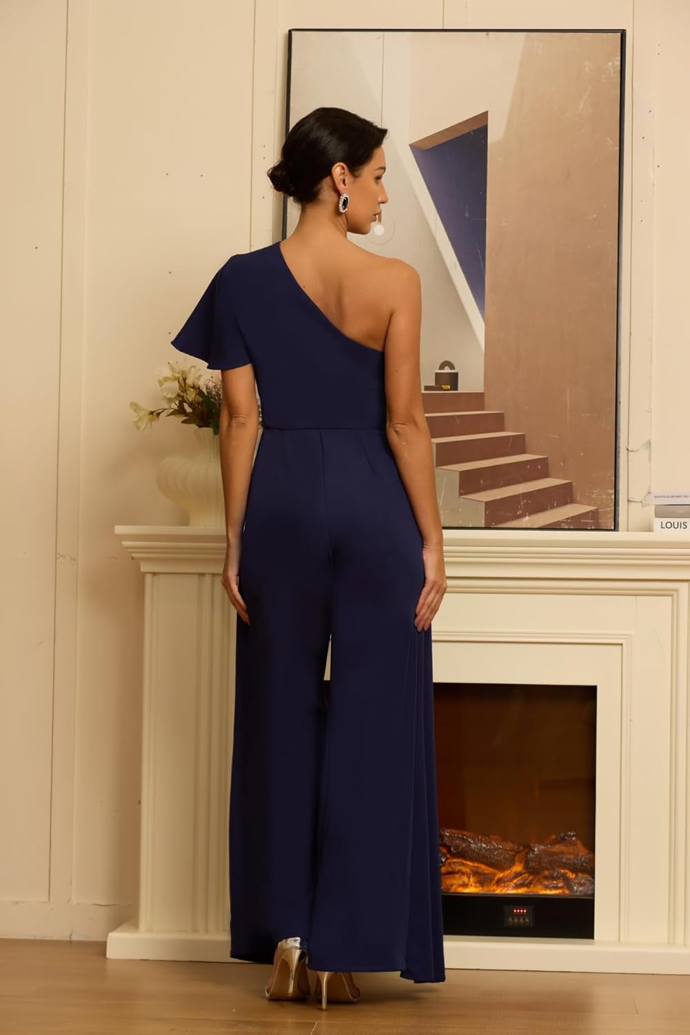 Mother of The Bride Jumpsuit Chiffon One Shoulder Ruffles Wedding Guest Pantsuit for Women - Image 2