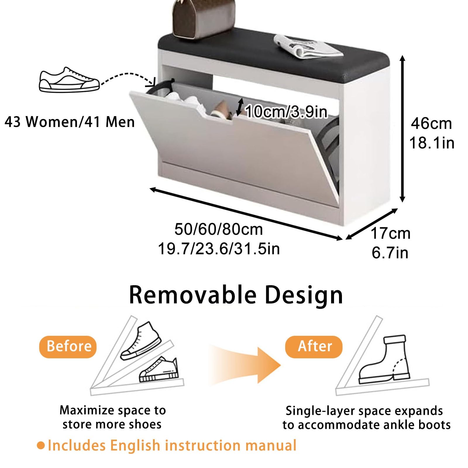 Banco Zapatero 17 24 30cm Zapatero Verticale con Porta abbattibile Comodi Seduto Acolchado Corridorio Armario multifunzionale Zapateros Baúl para Entrada Dormitorio Bianco(White,50x17x46cm)