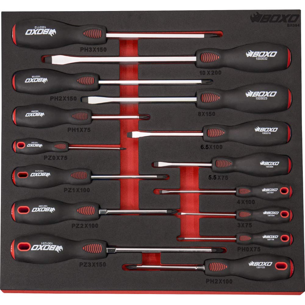 Screwdriver Set 15 Pieces. Slotted, Phillips & Pozi BOXO EVA Foam BX094-R