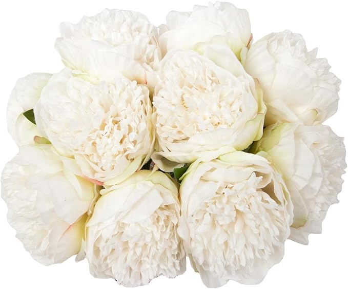 U'Artlines 2 Bouquet 10 Heads Artificial Peony Silk Flower Leaf Home Office Wedding Party Festival Bar Decor (Cream White)