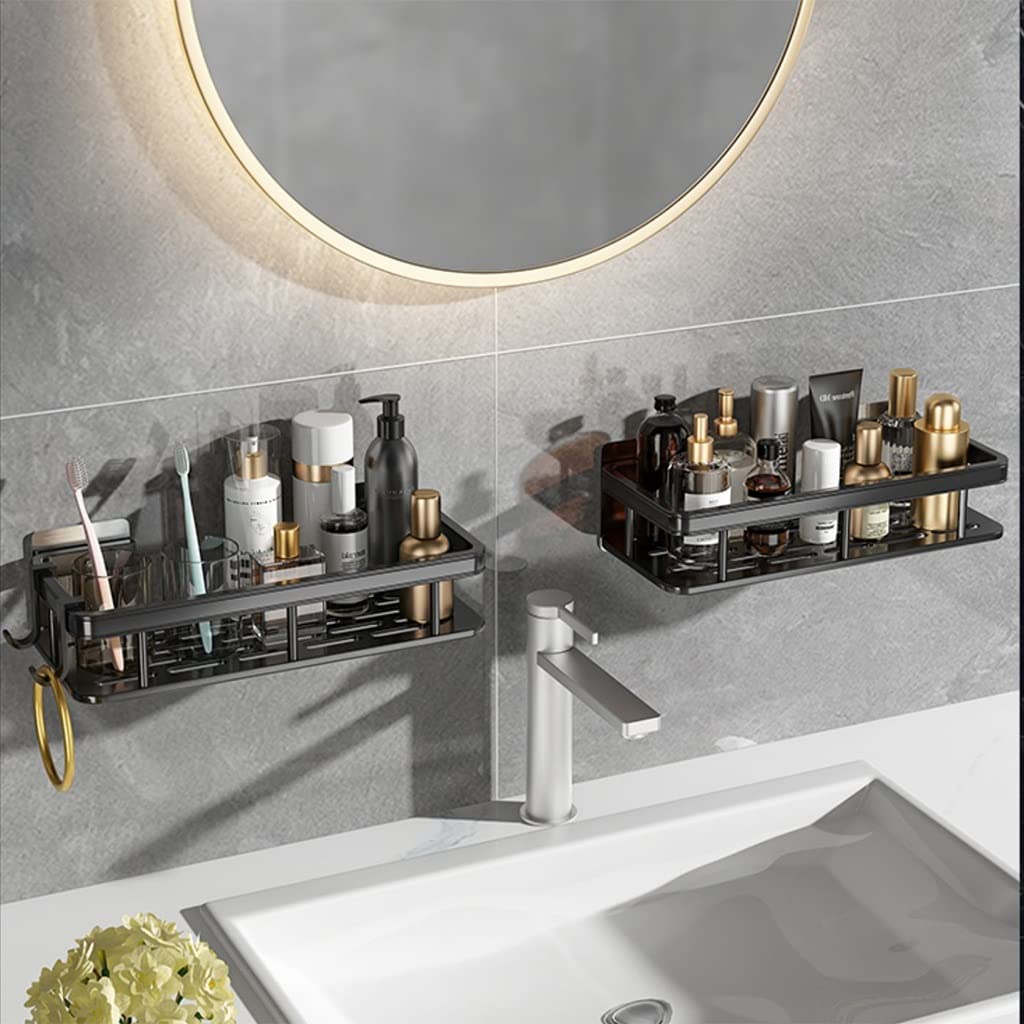 Duschablage, Eckduschablage, 2-Stöckige Duschablage, Selbstklebende Duschablagen Mit Haken, Wandmontage, Shampoo-Halter Für Badezimmer, Schwarz, 52687
