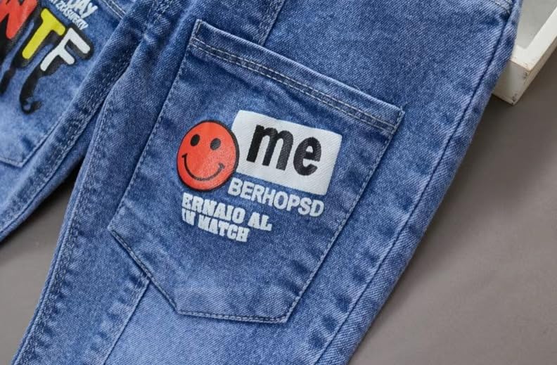 Toddler Unisex Elastic Waist Printed Jeans, Soft Denim Jogger Pants with Pockets3