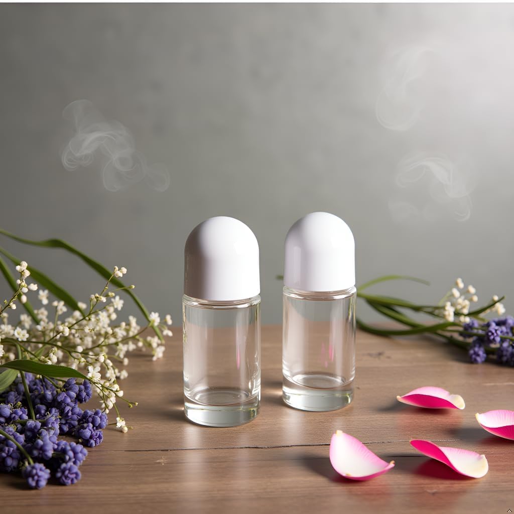 Lot de 2 flacons roulants vides en verre de 50 ml avec bille en plastique, flacons à bille roulante anti-fuite avec bouchon blanc pour huiles essentielles rechargeables