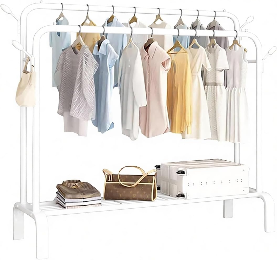 MY HOMIE Clothes Rail Heavy Duty Metal Wardrobe Hanging Rail, Small Open Clothing Rack Hanger with Shelves and Shoe Storage Stand, Free Standing Clothes Rack Pole, Pop Up Wardrobe, Portable- White