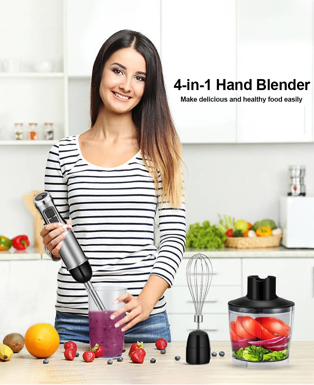 Immersion Hand Blender Multi-Purpose 220V 4 IN 1 Blender Heavy Duty Copper Motor Stainless Steel Finish Includes Whisk Attachment, Chopper and Smoothies Cup (HB3302 EU Plug)