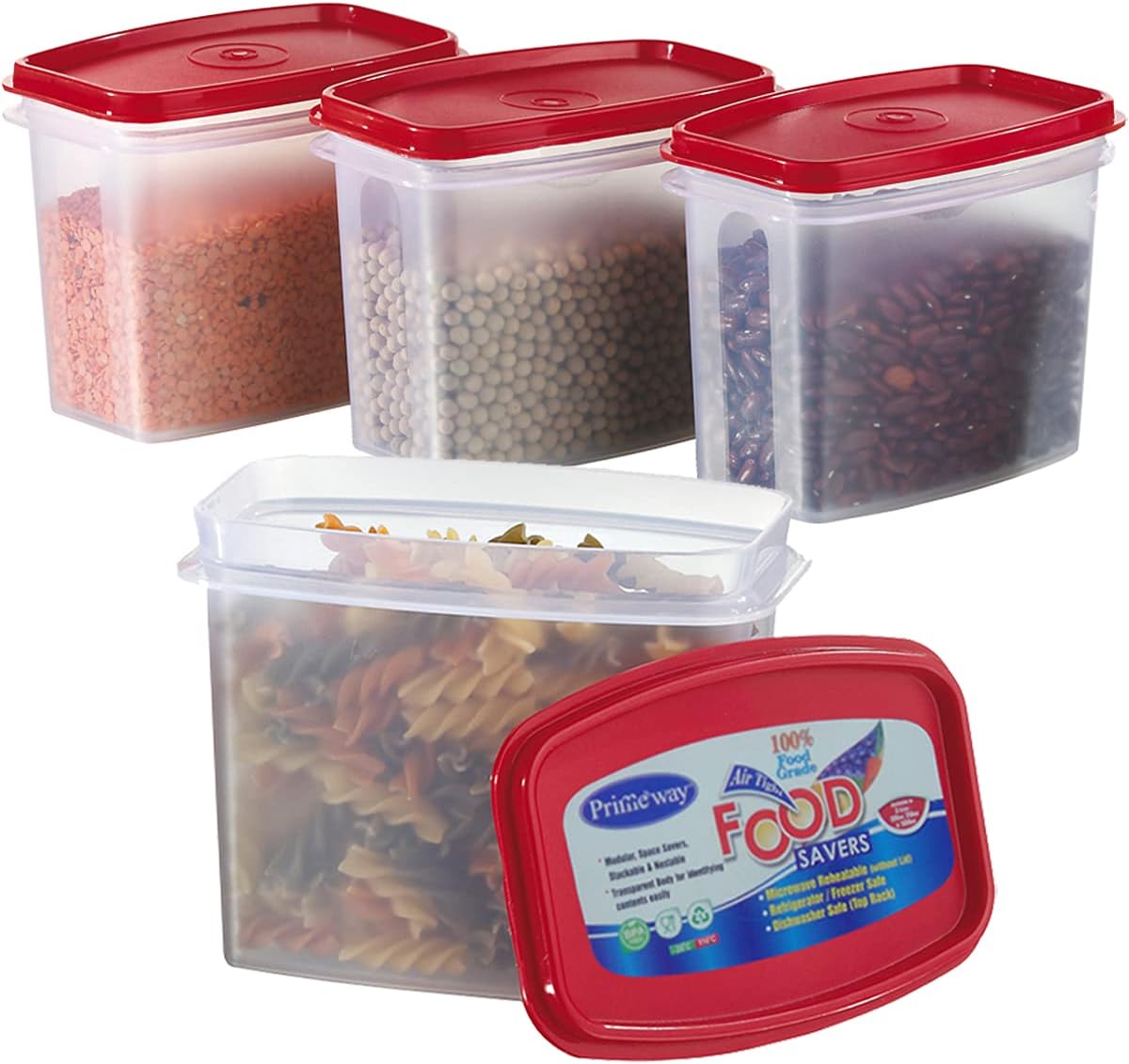 Primeway Polypropylene Space Savers Oblong Food Containers, 1Litre, 4 Pcs, Red