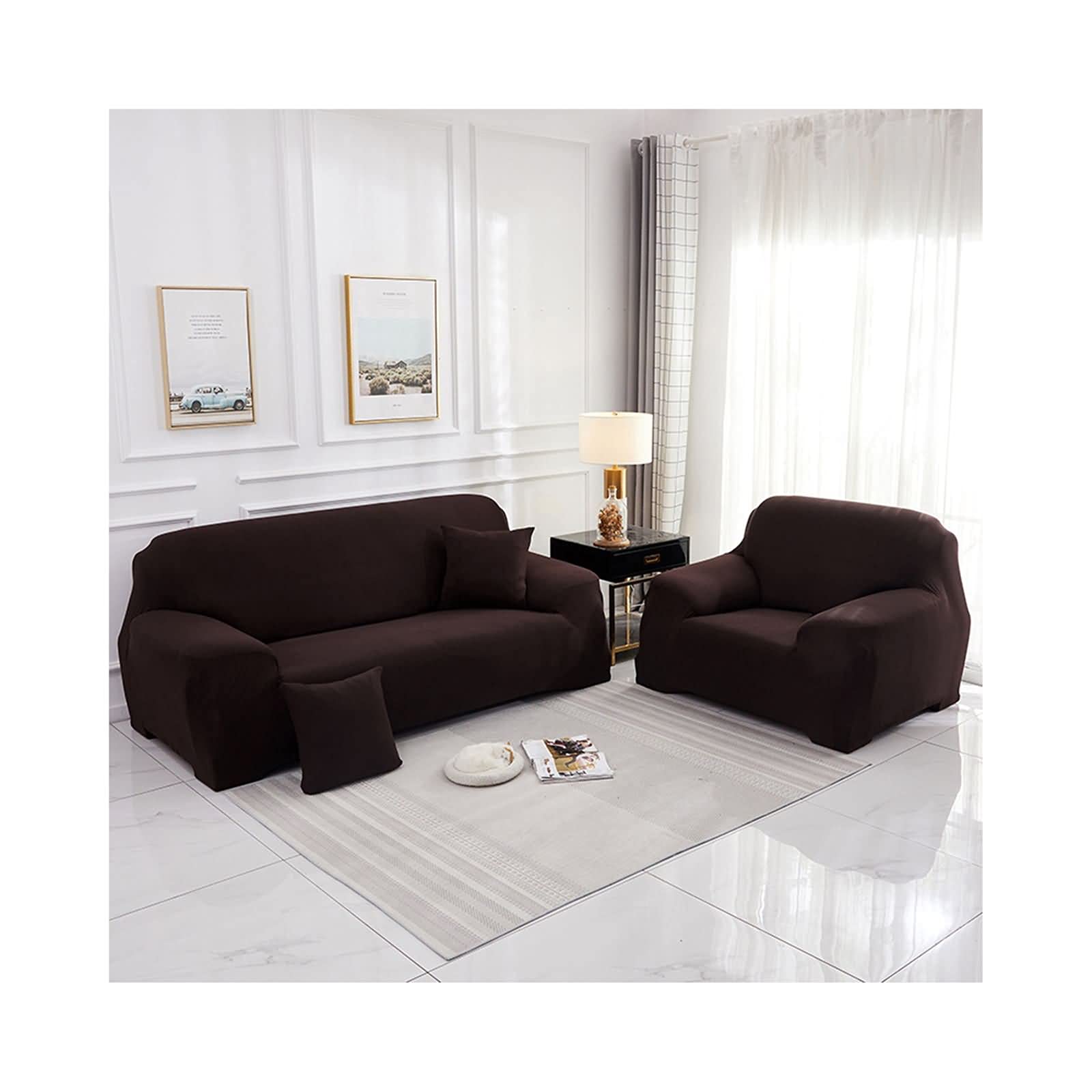 Housse extensible canapé 3 places élastique et anti-taches café