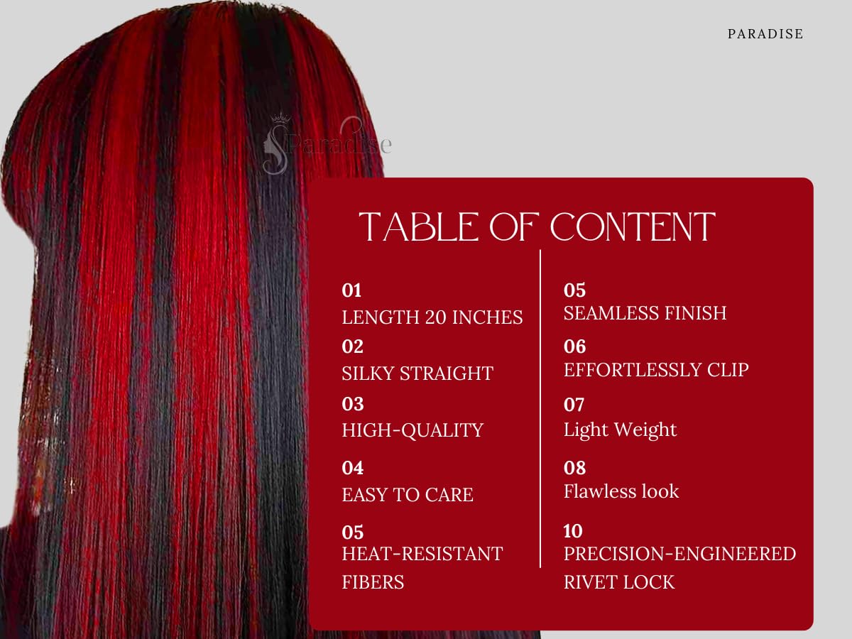 Paradise® Red Extensions for Girls, 22 inches, Pack of 6 Clip-In -Hair Extensions ForWomen Real Hair Straight Colored Hairs Streaks(Strips) To Highlights Instantly Party Funky Synthetic Hair Patches
