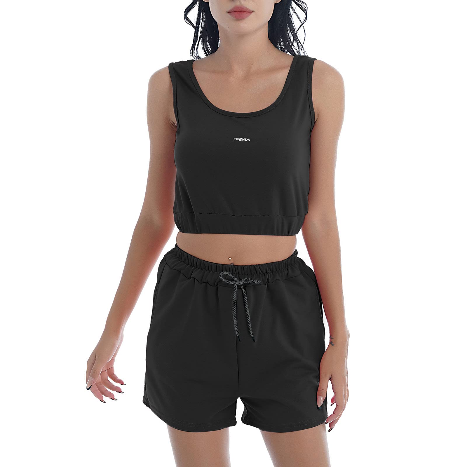 Women 2Pcs Sleeveless Crop Cami Top And High Waist Shorts Set Activewear Sport Fitness Dance Outfits