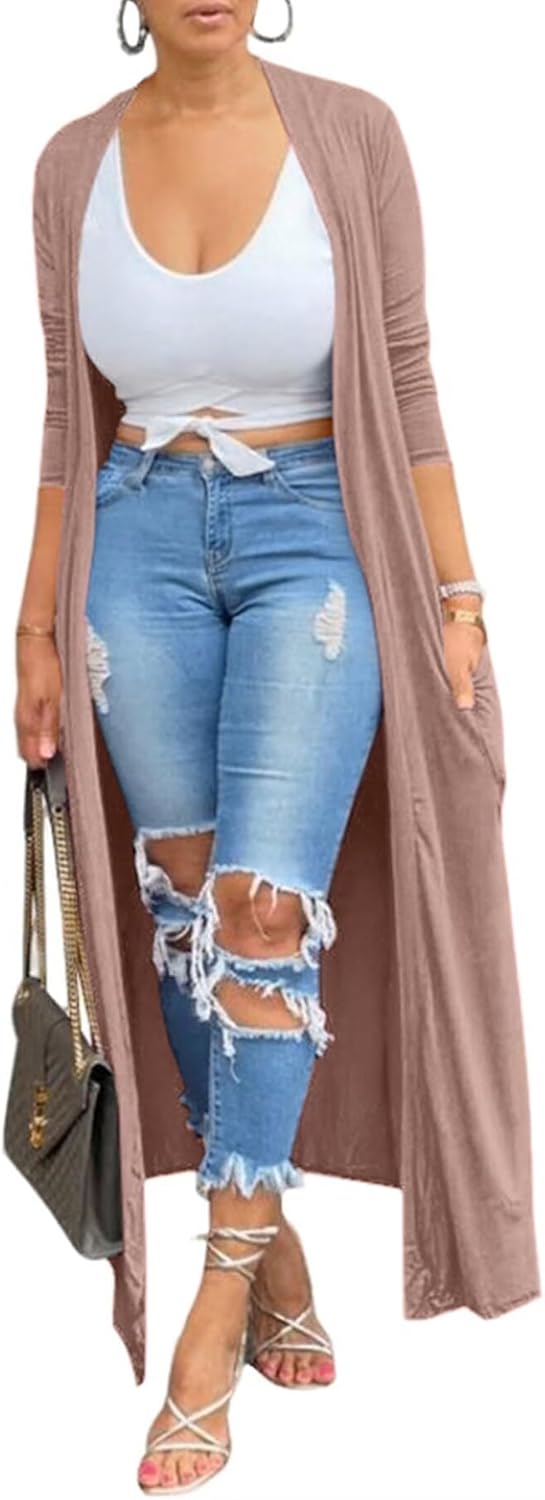 Adogirl Women's Long Sleeve Lightweight Soft Cover Ups Outerwear Casual Open Front Maxi Drape Cardigans with Pockets