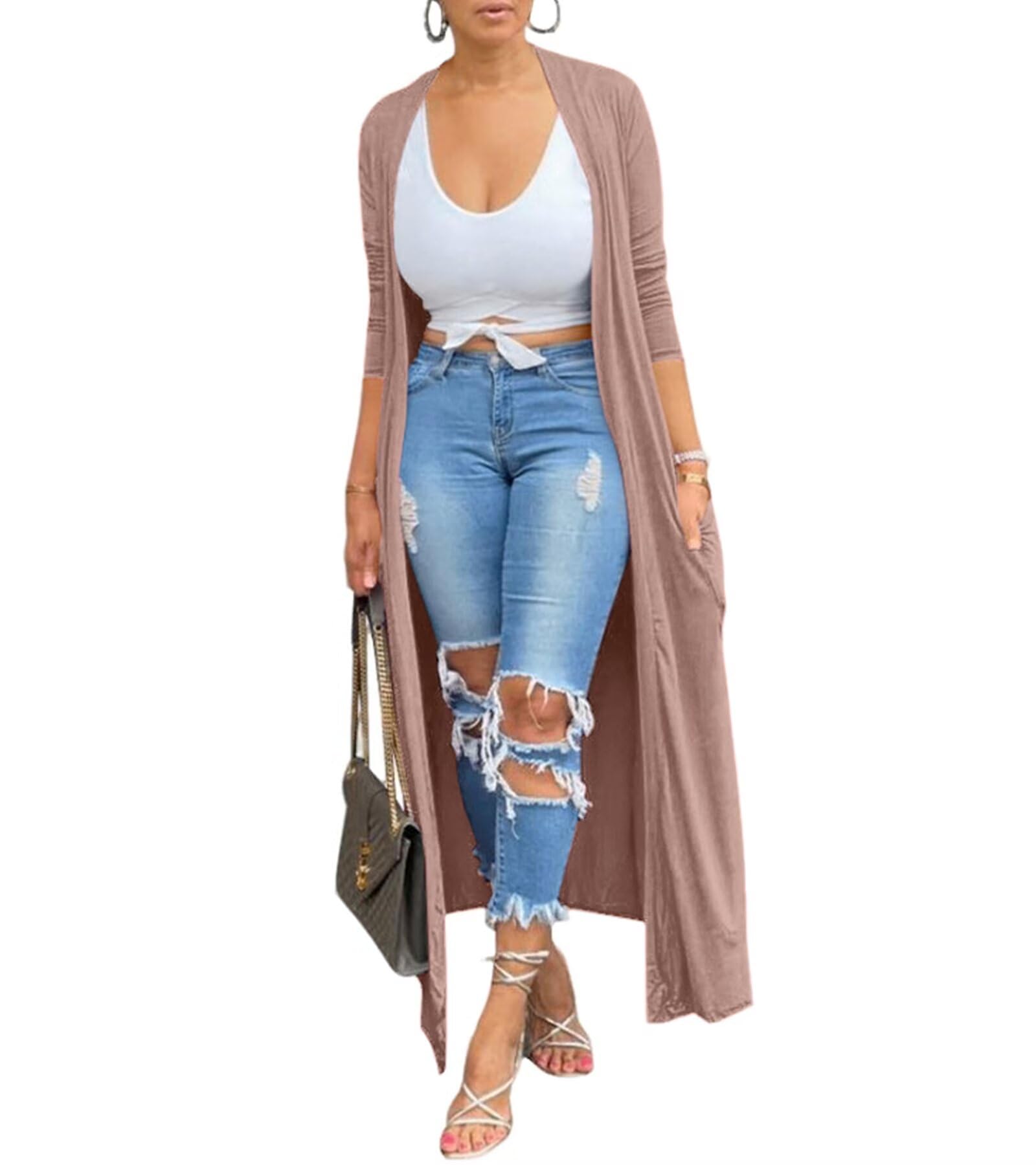 Adogirl Women's Long Sleeve Lightweight Soft Cover Ups Maxi Drape Cardigan