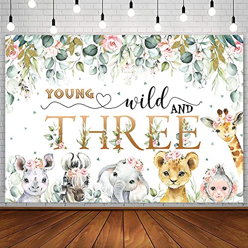 AIBIIN 7x5ft Young Wild and Three Birthday Backdrop for Girl Gold Safari Jungle Animals Third Birthday Photography Background Blush Floral Eucalyptus Leaves Party Decoration Banner Photo Booth Studio