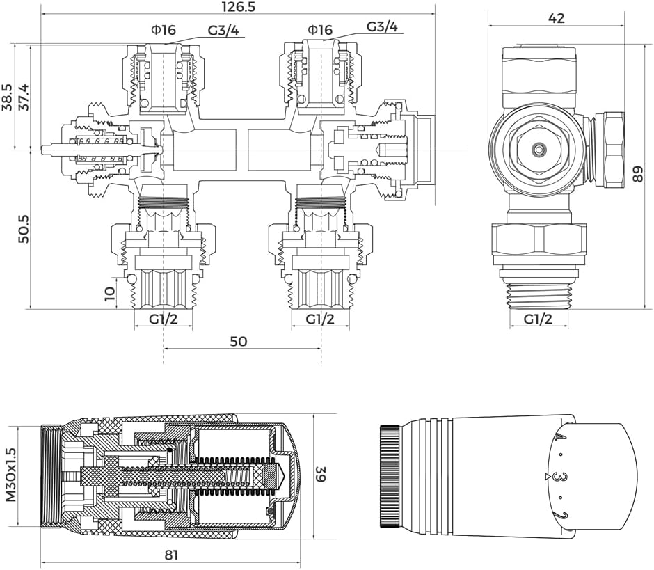 Multiblock Radiator Center Connection Valve Fittings Set Radiator Center Connection