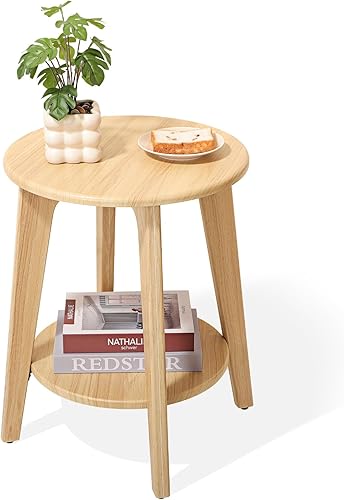 Miniatura 9 de Mesa auxiliar redonda pequeña de madera con estante inferior, mesita de noche moderna para espacios pequeños, sala de estar, dormitorio, marrón