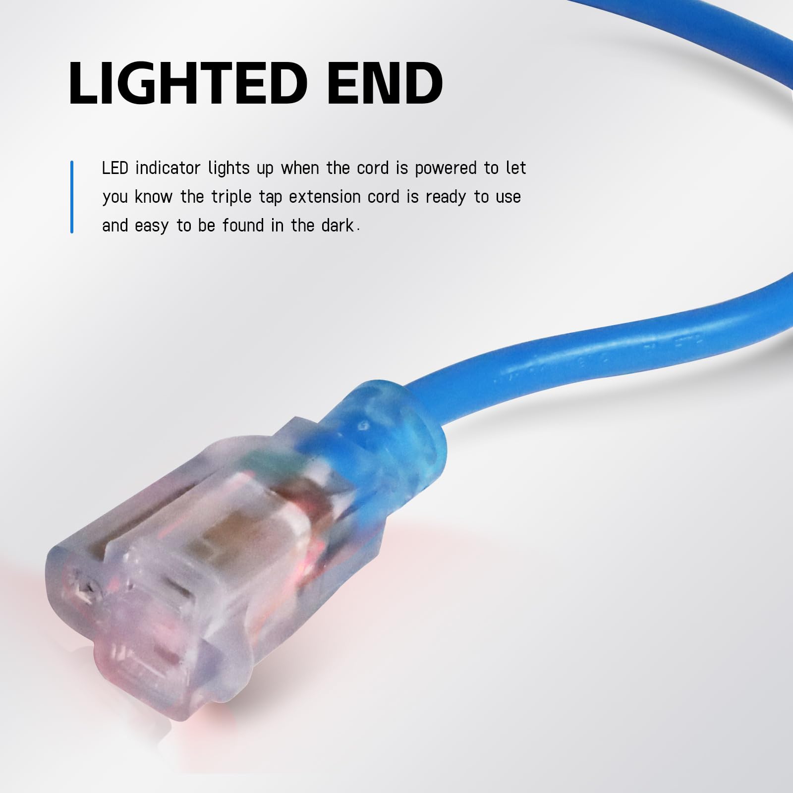 EP - Cable de extensión para exteriores de 10 pies con extremo iluminado, calibre 12/3 SJTW Cable de extensión resistente con enchufe de 3 clavijas, 15AMP 1875W 12AWG, azul, listado UL