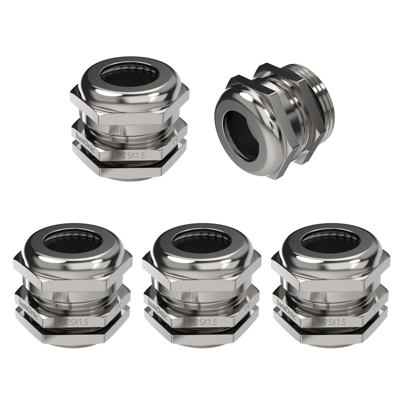 Set de 5 Presse-étoupes Métalliques M25 - IP68 - Laiton Nickelé