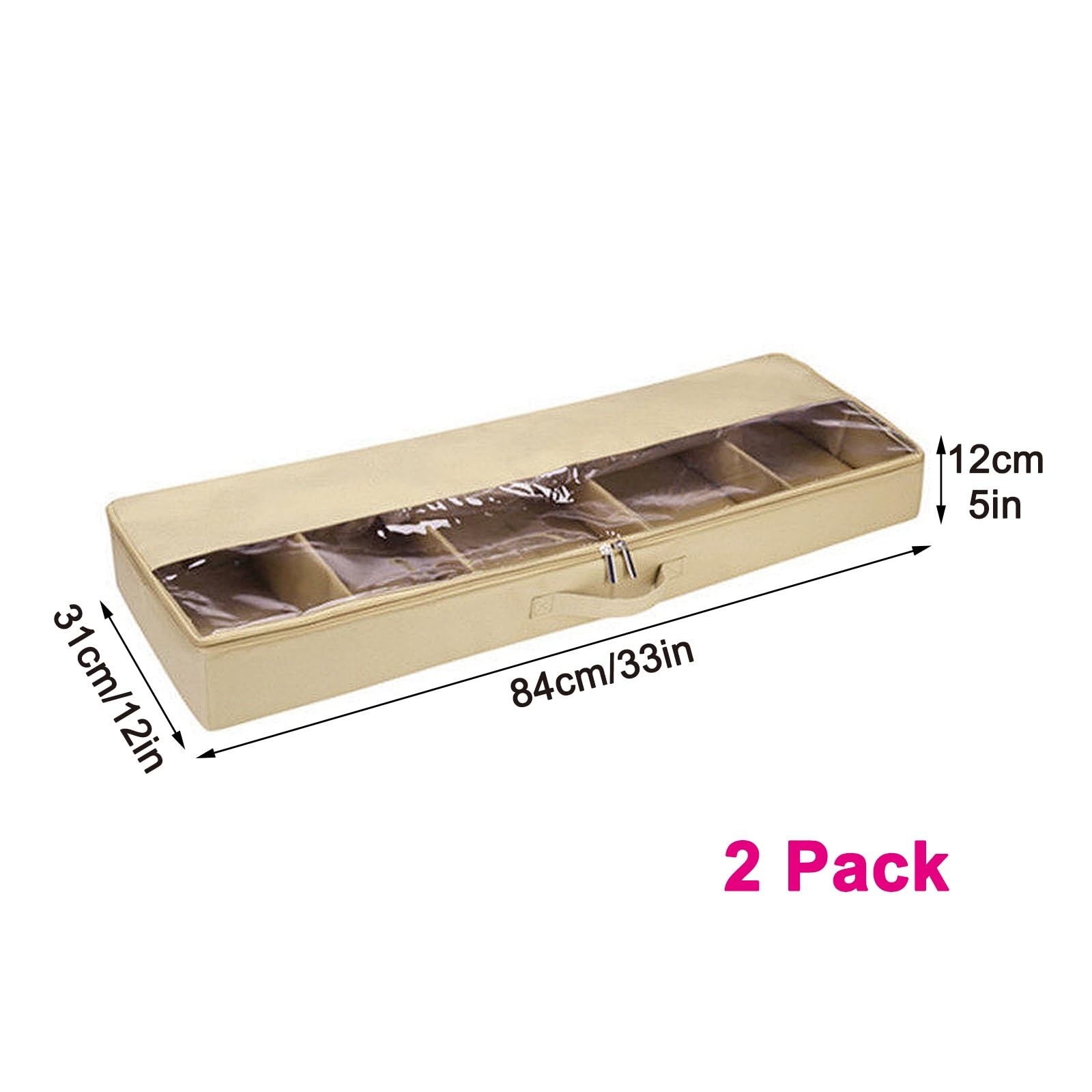 Confezione da 2 Scatole Sotto Letto Contenitore con Coperchio, Pieghevoli Contenitori per Vestiti, con Cerniera, Finestra Trasparente, Vestiti, Coperte, Scarpe(Beige,84x31x12cm/33x12x5in)