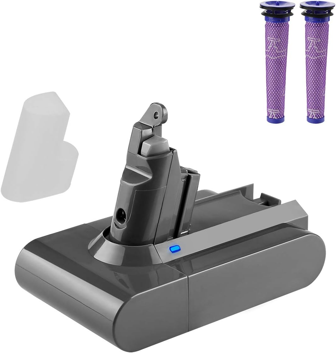 ENERGUP 21.6V 3000mAh Li-ion Battery + Filter for Dyson V6 595 650 770 880 DC58 DC59 DC61 DC62 Animal Handheld Replacement Battery(with 2 Free Dyson Filter Replacements)