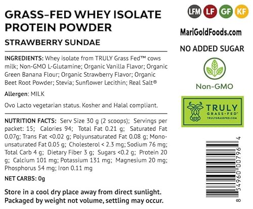 Marigold Grass-Fed Whey Isolate Protein Powder - Strawberry Sundae Flavor - 1 Lb Bag | 100% Pure, Cold-Processed, Micro-Filtered, Undenatured, Non-Gmo, Rbgh Free, Soy Free, Gluten Free, Lactose Free #TOP3