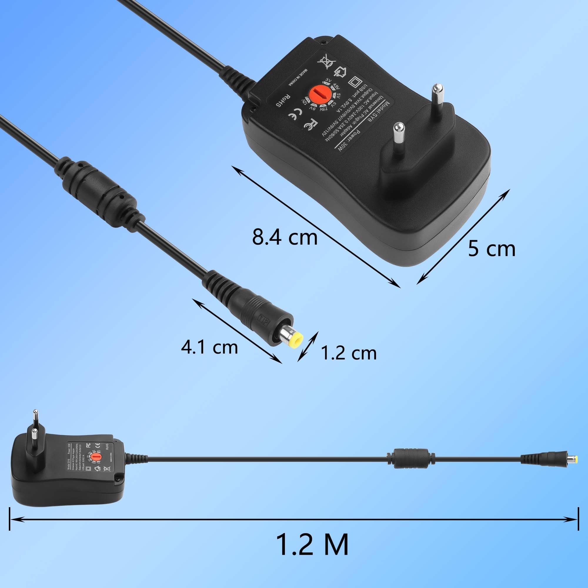 CERRXIAN Adattatore universale AC/DC regolabile da 30 W, AC a DC 3 V, 4,5 V, 5 V, 6 V, 7,5 V, 9 V, 12 V, 2 A, con 8 punte adattatori selezionabili e porta USB da 5 V, 2,1 A, per elettronica domestica