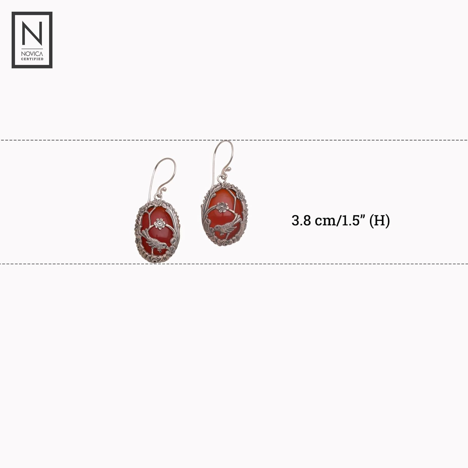 NOVICA Artisan Handmade Carnelian Dangle Earrings 925 Silver Bird from Bali Sterling Red Indonesia Flame Nature Floral Birthstone [1.5 in H x 0.7 in W x 0.2 in D] ' Avian Curiosity'
