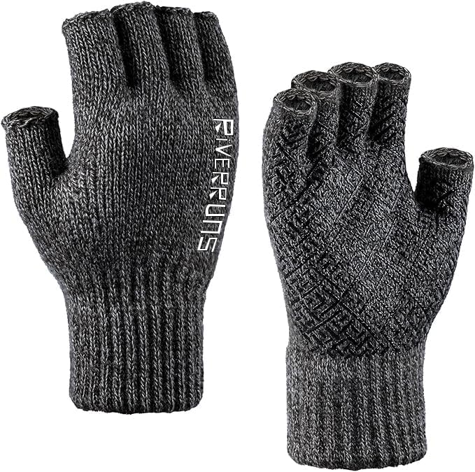 Riverruns Wool Fishing Fingerless Gloves for Men Women, Anti-Slip Thermal & Soft Winter Knitted Ice Fishing Fingerless Gloves