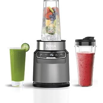 Ninja BN500UK Blender with Auto-iQ Mix-In Cup One Touch Control Smoothies Milkshakes and Frozen Treats Dishwasher Safe Parts Stainless Steel Blades 1000W 2 x 700ml Cups Grey/Silver