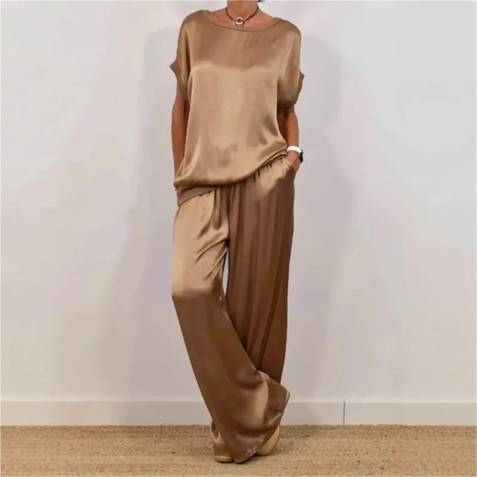 Traje de satén de talla grande for mujer, top negro con cuello en V, pantalones largos, trajes holgados, conjuntos de ropa informal de verano a la moda for mujer Para Playa y Verano(Black,XXL)