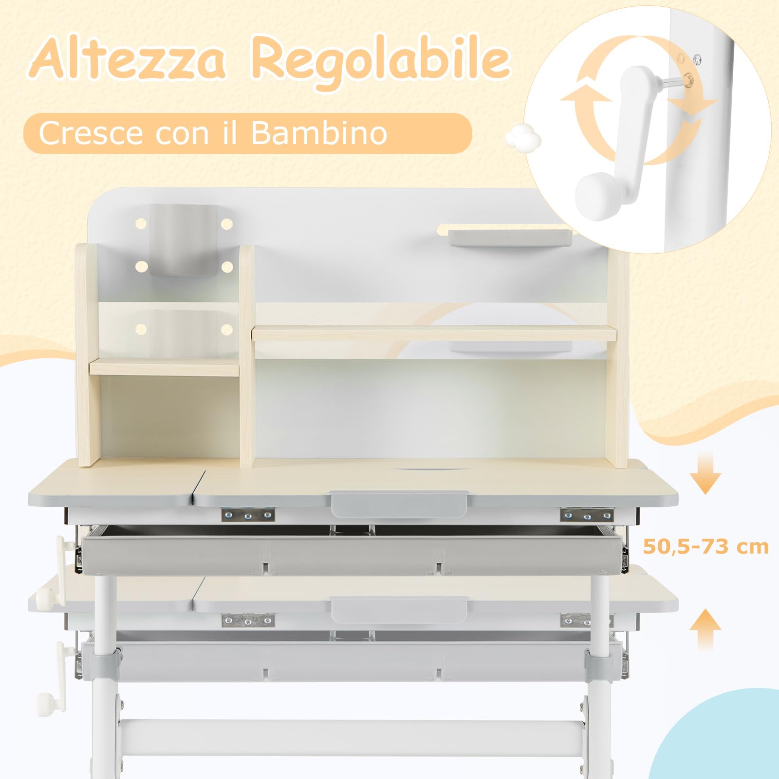 COSTWAY Scrivania per Bambini, Banco Scuola per 3-12 Anni Regolabile in Altezza da 50cm a 73cm con Piano Inclinabile 60°, Scrittoio Cameretta con Scaffale, Cassetto, Portapenne e Righello (Grigio)