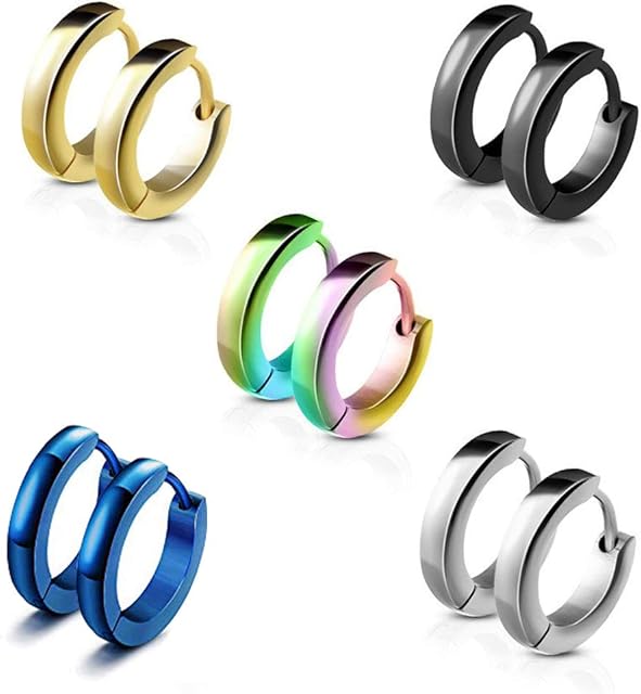 5 Pairs 13mm 316L Stainless Steel Round Huggie Hinged Hoop Earrings for Men and Women Girls, Mens Earrings Hoops Small Set, Titanium Silver Earrings Men/Women Stud Black Gold Clip on Hypoallergenic