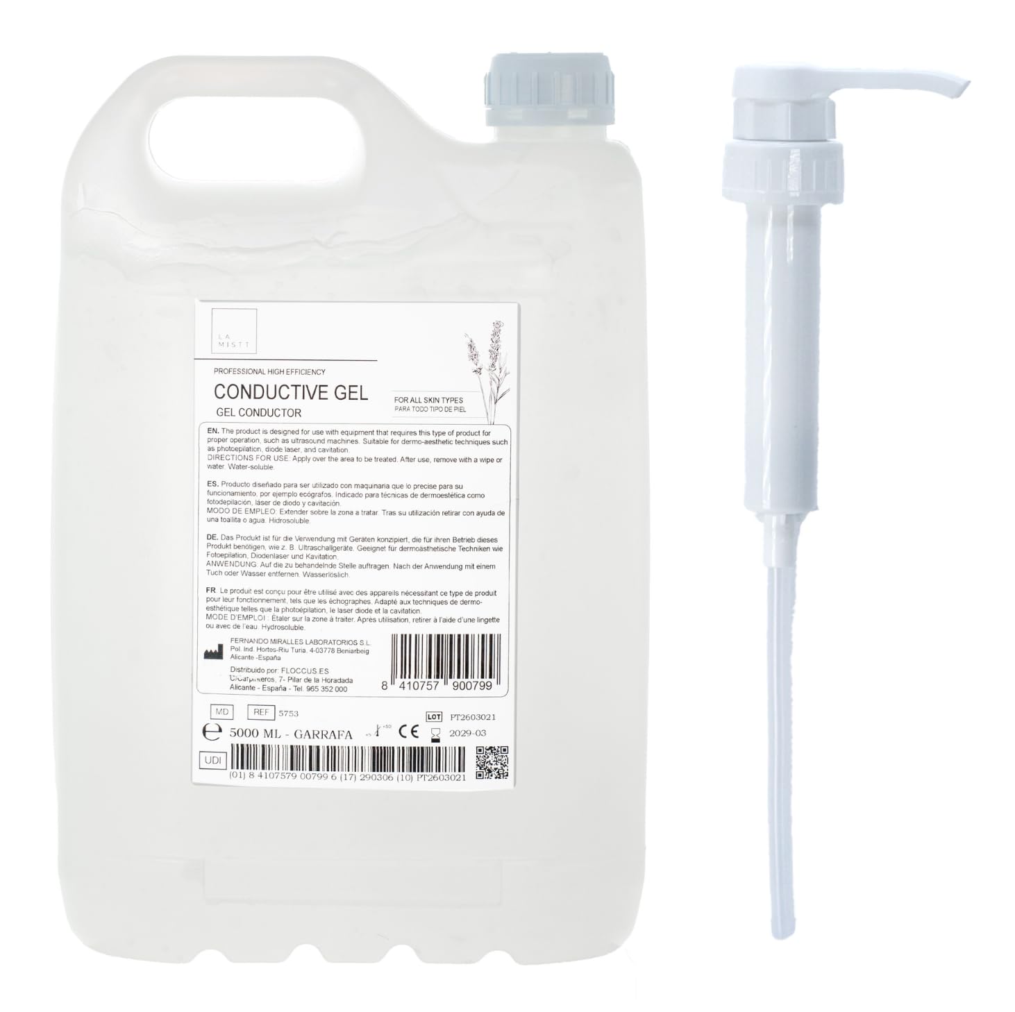 MUNTRADE LA MISTT Gel Conducteur Ultrasons + Pompe Doseuse | Gel pour Échographie, Radiofréquence, Cavitation, IPL et Laser | Haute Conductivité | Usage Professionnel