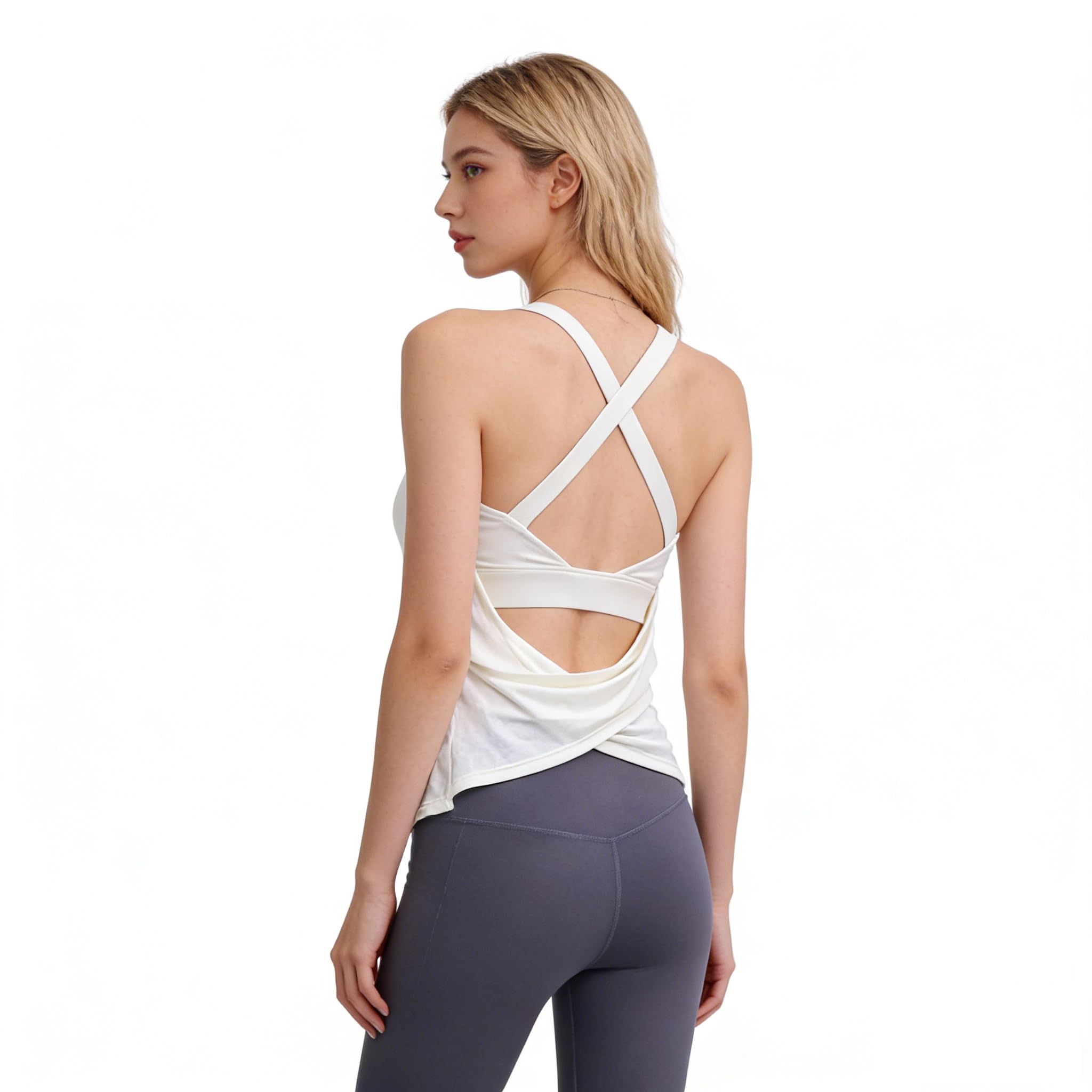 MGGMOKAY Women’s Workout Athletic Yoga Tank Tops Open Back with Built in Bra Exercise Running Gym Shirts,White,M