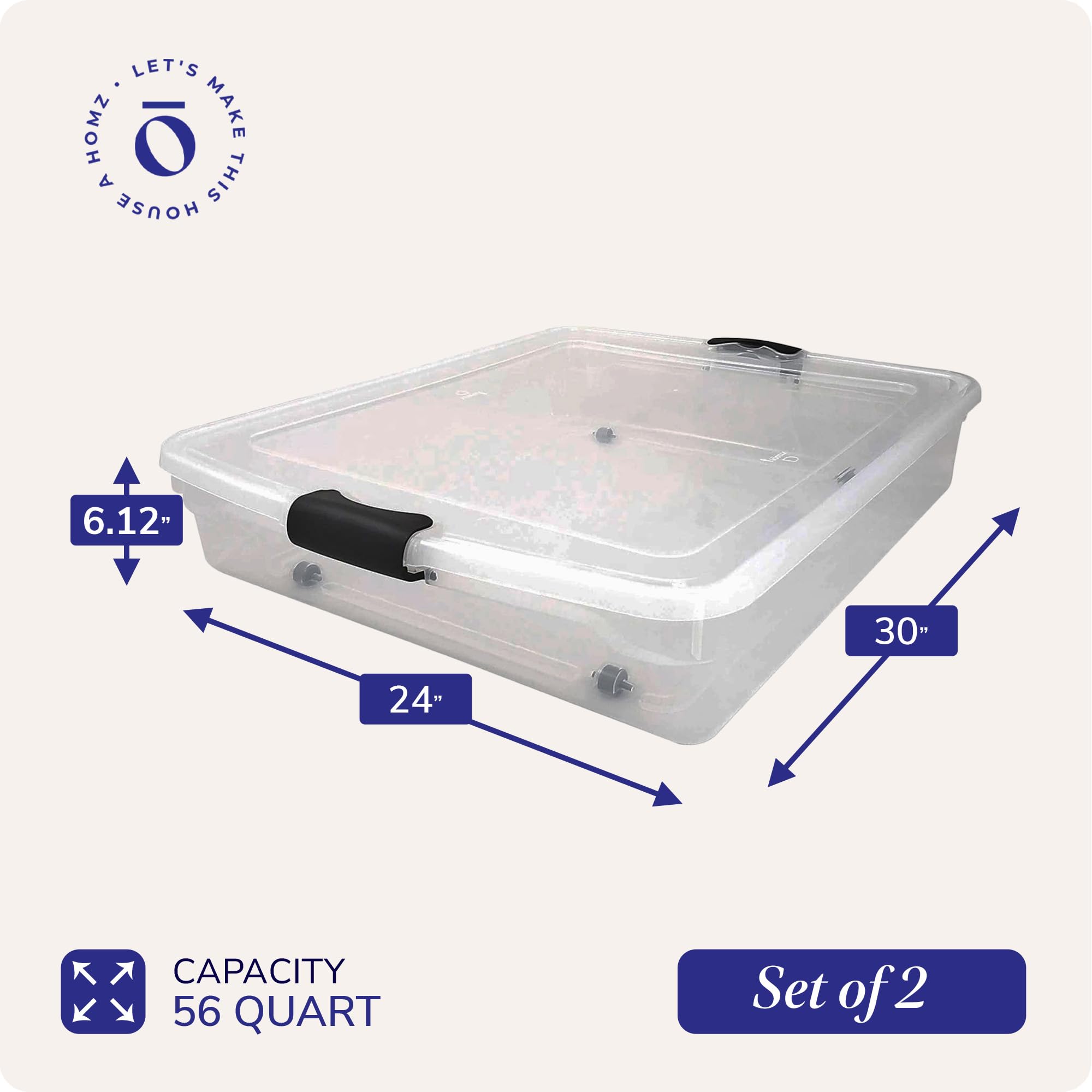 Homz Confezione da 2 contenitori sottoletto, contenitori in plastica trasparente con coperchio, 56 l, chiusura grigia, impilabili sotto il letto, organizer per scarpe, borse, vestiti e asciugamani