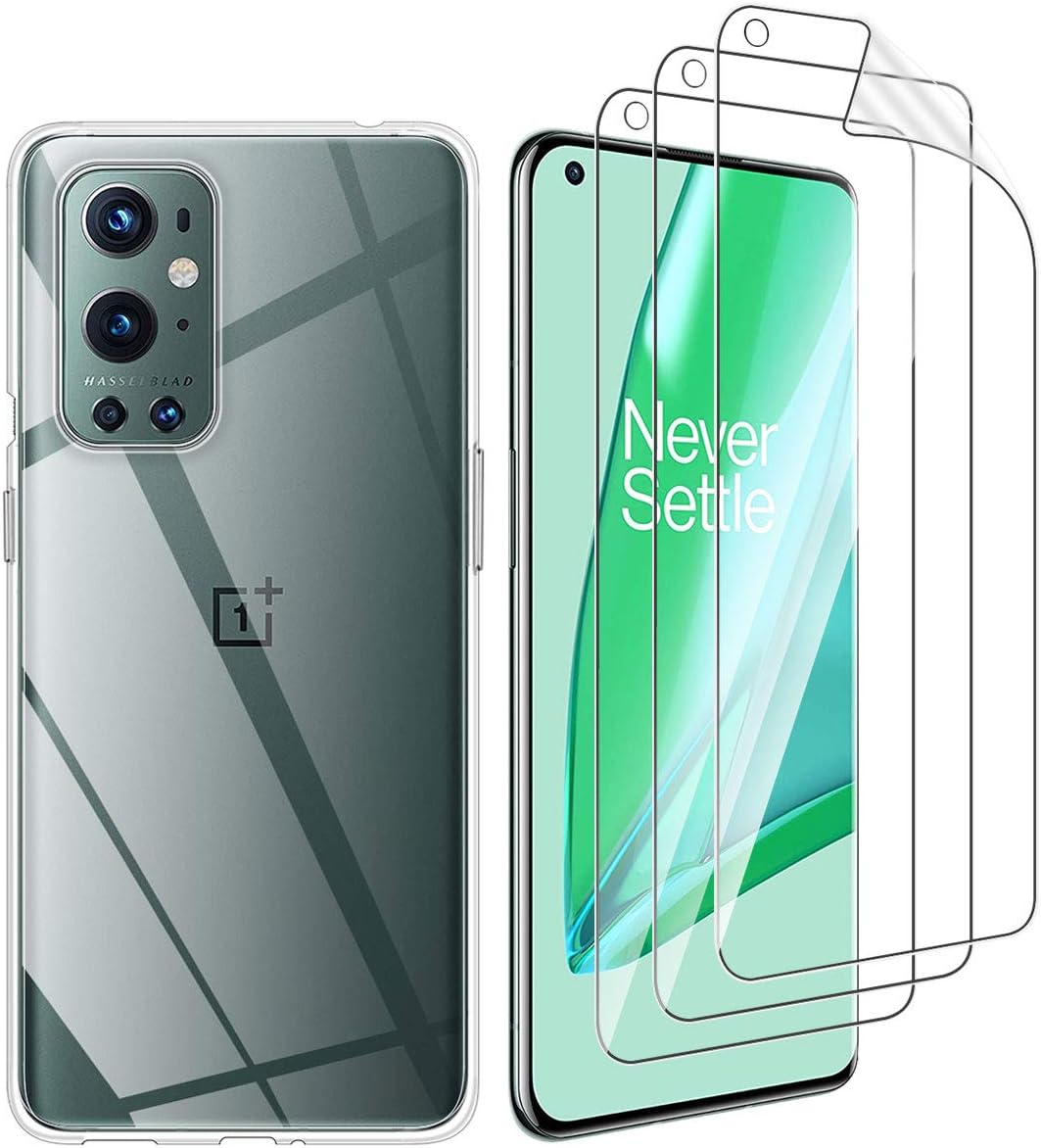 ELYCO Compatible with OnePlus 9 Pro 3 Pack Flexible TPU Film Screen Protector + Case, [Support Fingerprint Unlock] Bubble-Free Screen Protective Film, Crystal Clear Anti-fall Soft Ultra Slim Cover